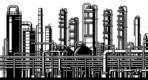 Industrial oil refinery and chemical plant silhouette illustration.