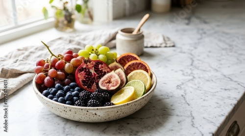 Fruit bowl with citrus figs grapes and pomegranate on marble counter