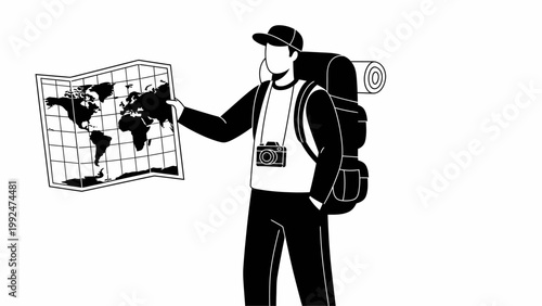 Backpacker man holding a world map illustration in minimalist black and white style.