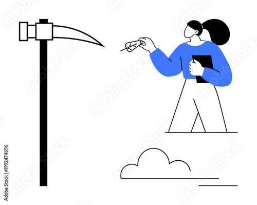 Innovation, productivity, digital tools, work evolution, modern agriculture, career symbolism. Woman holding a tablet and pointing, next to a scythe symbol. Innovation and productivity conceptual