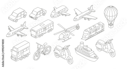 A collection of various transportation vehicles depicted in a clean, isometric line art style.