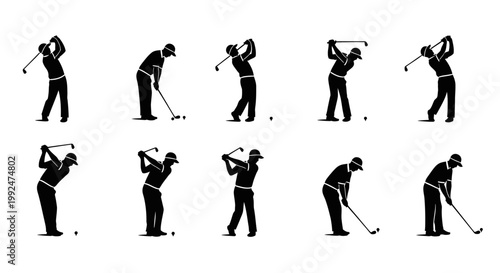 Silhouettes illustrating the various stages of a golfer's swing, from backswing to follow-through, depicting proper technique and motion.