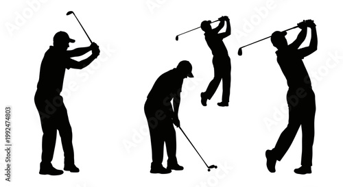 Silhouettes of golfers in various stages of their swing on a white background, illustrating the dynamic movements of the sport.