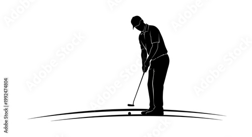 Silhouette of a golfer putting on a green, preparing to hit the golf ball with a putter, isolated on white background.