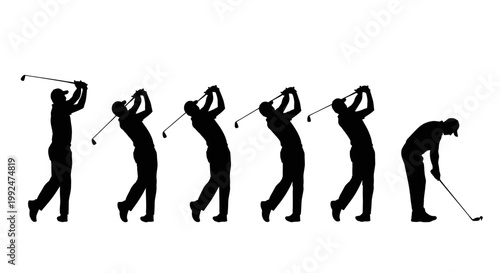 Silhouette sequence of a golfer executing a swing, capturing the motion from backswing to follow-through.