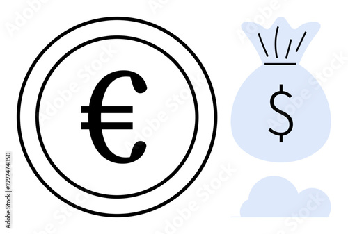 Currency exchange, financial management, global economy, savings, wealth, investment. Euro coin symbol next to a dollar sign money bag. Currency exchange and financial management concept