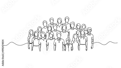 Continuous one line drawing of a large group of diverse people standing together.