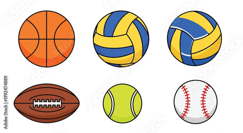 Colorful illustration depicting a basketball volleyball football tennis ball and baseball
