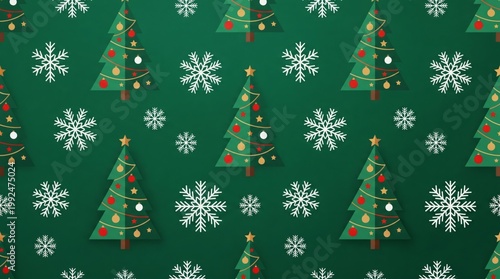 Festive Christmas Trees and Snowflakes Pattern on Green Background. Ideal for Holiday Designs