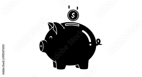Piggy bank silhouette icon with falling dollar coin.