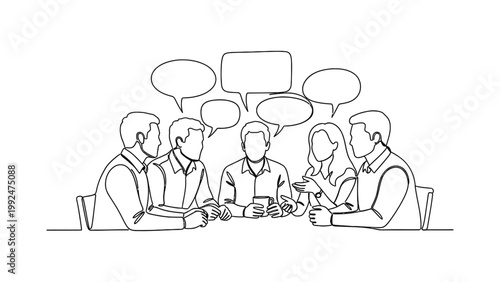 Continuous line drawing of a business meeting with diverse professionals talking.