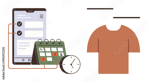 Time management, productivity apps, online scheduling, digital tools, fashion designs, e-commerce platforms. A smartphone with a calendar, clock and a t-shirt. Time management and productivity apps