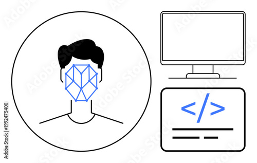 Artificial intelligence, facial recognition, software development, digital identity, cybersecurity, biometrics. Face mesh over a person, code interface and computer. Facial recognition and software