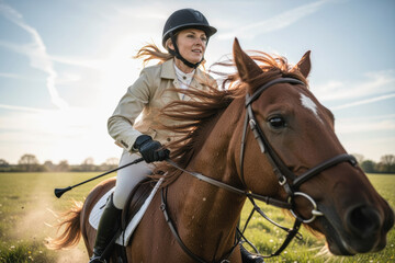 Woman riding galloping horse across sunlit field with determined focused expression