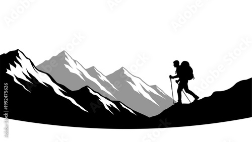 Mountain Hiker Silhouette: Adventure and Outdoor Trekking Concept.