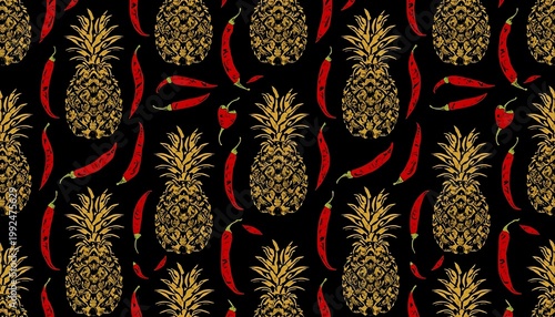 A striking and bold seamless pattern featuring golden pineapples and fiery red chili peppers against a dramatic deep black background.