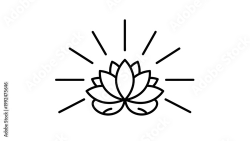 Minimalist Lotus Flower Icon with Rays: Symbol of Yoga, Zen, and Enlightenment.