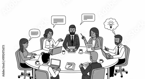 Business Team Roundtable Meeting with Diverse Colleagues and Idea Conception.