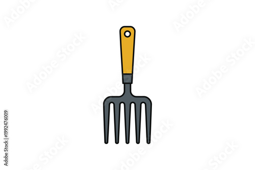 Garden fork with a yellow handle is a simple tool used for cultivating soil in backyards.
