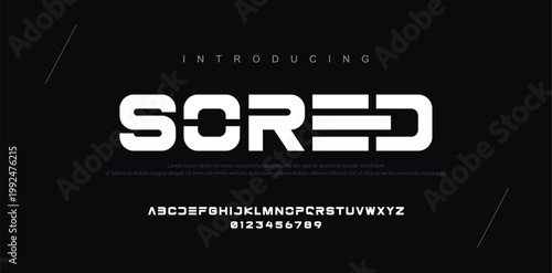 SORED Abstract digital bold font, modern technology alphabet, strong stencil white letters and numbers, vector illustration 10eps