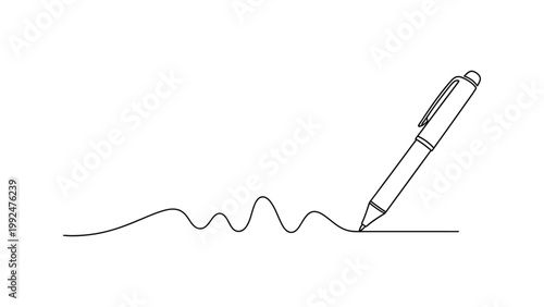 Continuous single line drawing of a ballpoint pen writing a wavy line.