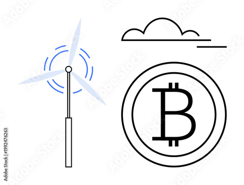 Renewable energy, cryptocurrency, eco-friendly technology, blockchain, sustainable innovation, digital transactions. A wind turbine, cloud and Bitcoin symbol. Renewable energy and cryptocurrency