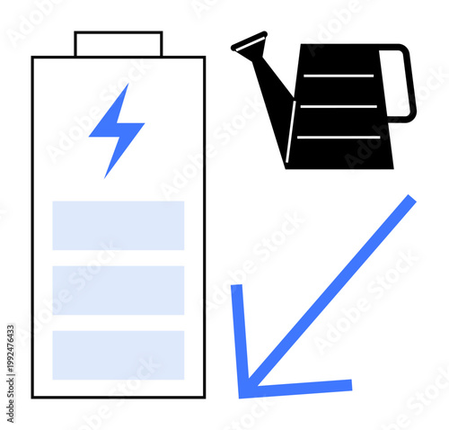 Energy storage, sustainability practices, eco-friendly solutions, conservation efforts, environmental awareness, renewable resources. Battery icon, watering can and blue arrow. Energy storage
