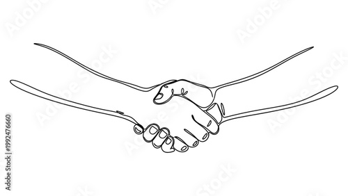 Continuous line drawing of a firm handshake between two people.
