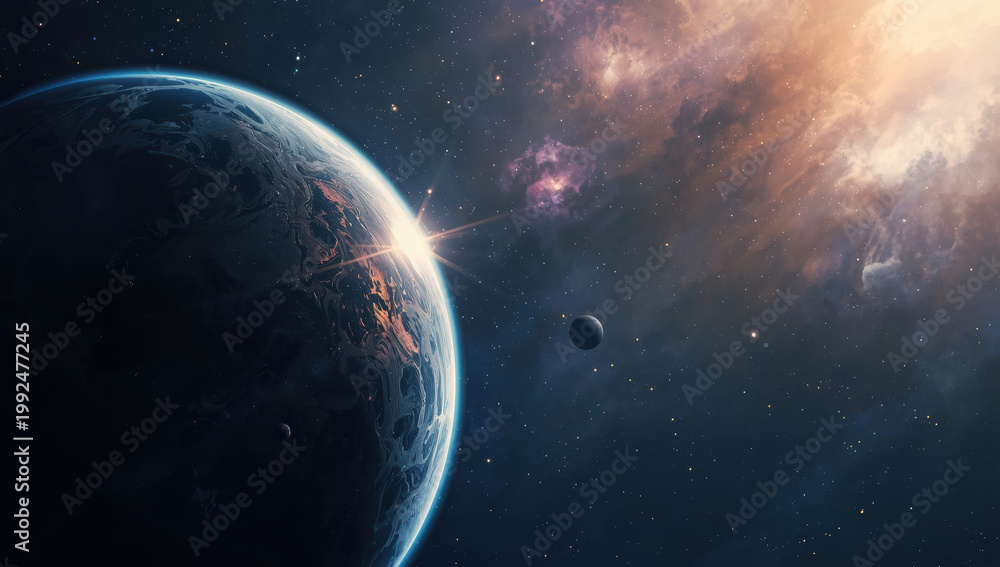 Obraz premium Dramatic sunrise over textured planet with distant moon and glowing cosmic nebula
