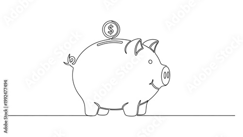Continuous single line drawing of a cute piggy bank with a coin.