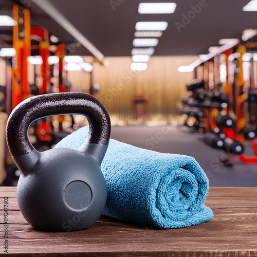 Wallpaper Mural Cast iron kettlebell and pink towel on a wooden table in a bright gym. Generative Ai. Torontodigital.ca