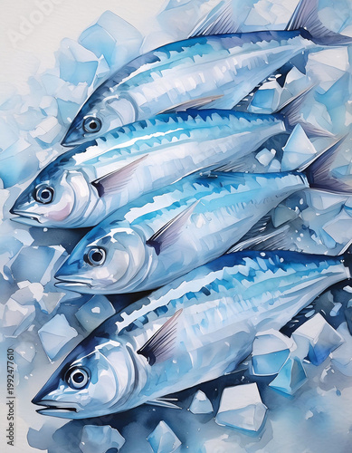 Wallpaper Mural Watercolor of fresh, raw sardines on ice, laid out on a white surface with ice cubes to keep them cool, ready for sale. Generative AI Torontodigital.ca