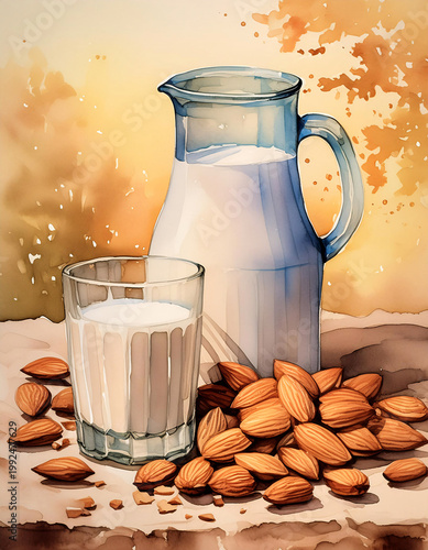 Wallpaper Mural Watercolor of glass of almond milk sits on a wooden table next to a pitcher of almond milk. A small pile of almonds rests beside the glass.  Generative AI. Torontodigital.ca