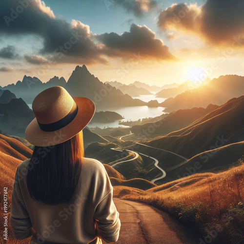 Wallpaper Mural A woman with a sun hat gazes at a winding mountain valley road during golden hour sunset, surrounded by lush green slopes and peaks. Generative AI Torontodigital.ca