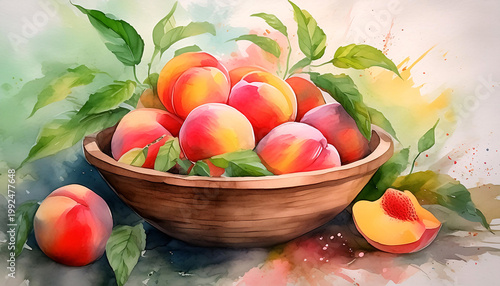Wallpaper Mural A wooden bowl filled with fresh, ripe peaches, bathed in warm sunlight. Generative AI. Torontodigital.ca
