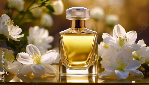 Wallpaper Mural Crystal perfume bottle surrounded by white flowers. Generative AI Torontodigital.ca