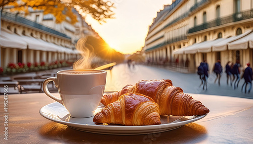 Wallpaper Mural A plate of croissants and a cup of coffee sit on an outdoor café table, with a sunlit street and blurred pedestrians in the background. Generative AI Torontodigital.ca