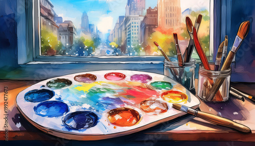 Wallpaper Mural Vibrant digital painting of a cityscape viewed through a window with an artist’s palette in the foreground. Generative AI. Torontodigital.ca