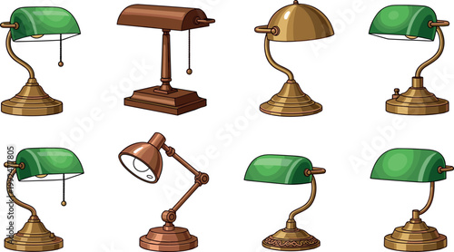 Classic banker desk lamps collection with vintage green shades and brass bases, hand drawn lighting illustration isolated on white background