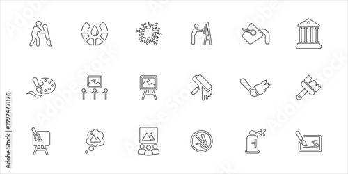 painting icons set. drawing, painter, canvas, artwork, color and more. simple line vector