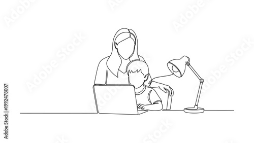 Continuous line drawing of mother helping son with homework on laptop.