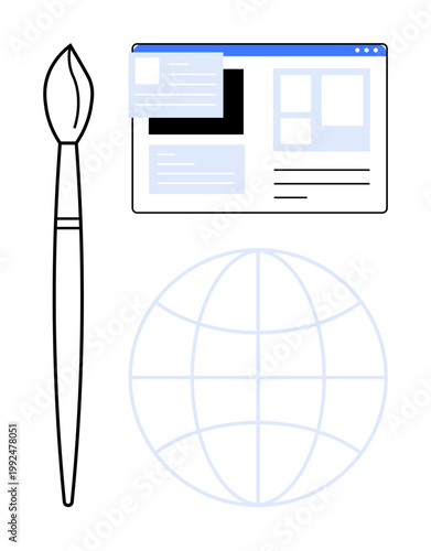 Creativity tools, web design, content creation, global connectivity, user interface, digital art. Paintbrush next to a website template and globe. Creativity tools and web design