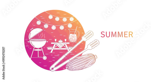 Summer BBQ, outdoor cooking, grill icons, vector graphics, colorful illustrations