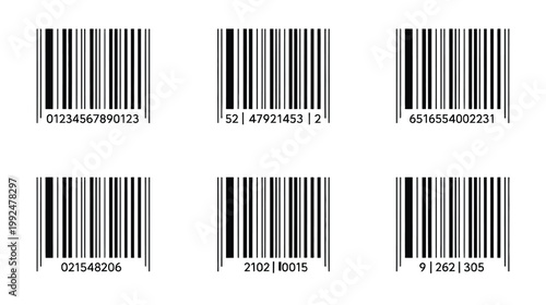 EAN barcode label set linear codes for product marking and retail scanning black striped symbols isolated on white background