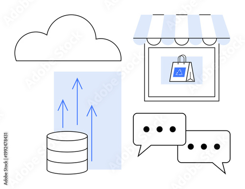 E-commerce, cloud storage, digital communication, online business, data management, networking. Cloud icon, database storefront and chat bubbles . E-commerce and cloud storage concept