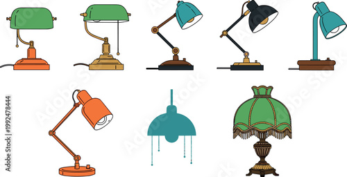 Collection of vintage and modern table lamps with different designs, hand drawn lighting fixtures illustration isolated on white background