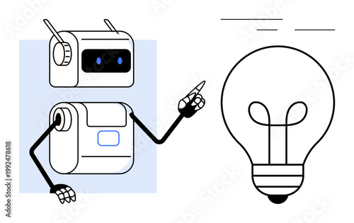 Innovation concept. Innovation by a robot pointing to a light bulb ideas and creativity. Innovation in technology, automation, and creative problem-solving. Ideal for AI, robotics, education, future
