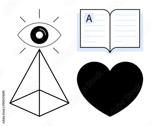 Spirituality, education, love, knowledge, symbolism, self-awareness. Geometric pyramid with eye, open book and heart. Spirituality and education through symbolic icons