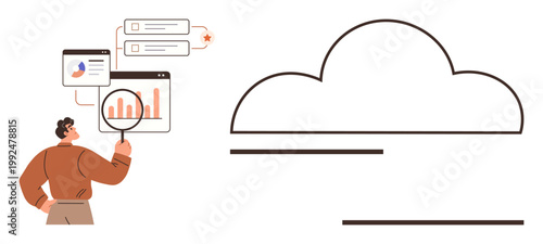Data analysis, cloud computing, technology innovation, business growth, digital trends, online storage. A person examines graphs with a magnifying glass near a cloud icon. Data analysis and cloud