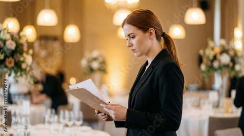 Professional event planner reviewing a clipboard with event details in a beautifully decorated banquet hall with soft lighting and floral arrangements
